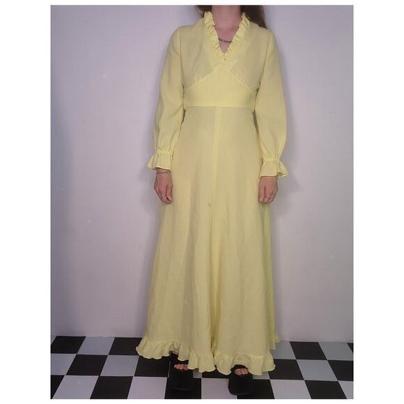 50s 60s Vtg Whimsi Yellow Cottage Prairie Vneck Empire Waist Maxi Dress Sz Small - Picture 2 of 10